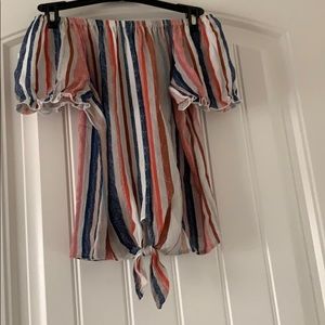 WHITE FAWN striped off the shoulders shirt